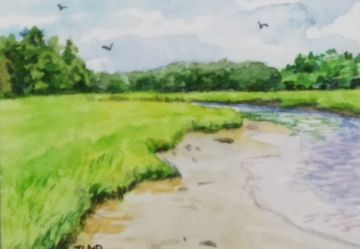 Laudholm Inlet, watercolor, 1 1/2 x 2